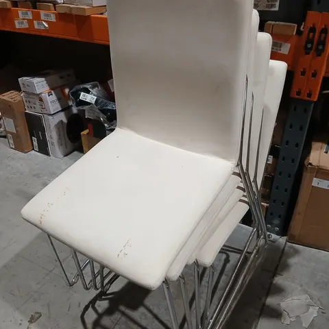 WHITE VINYL STACKABLE CHAIRS WITH CHROME LEGS – SET OF 8