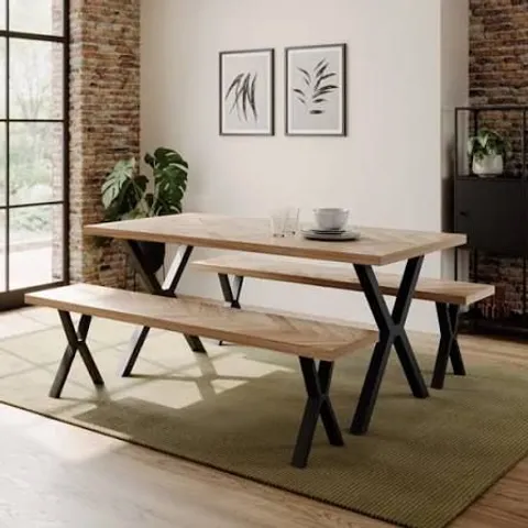 BOXED EZRA II 6 SEATER RECTANGULAR DINING TABLE WITH 2 BENCHES - FAUX RUSTIC PARQUET (2 BOXES)