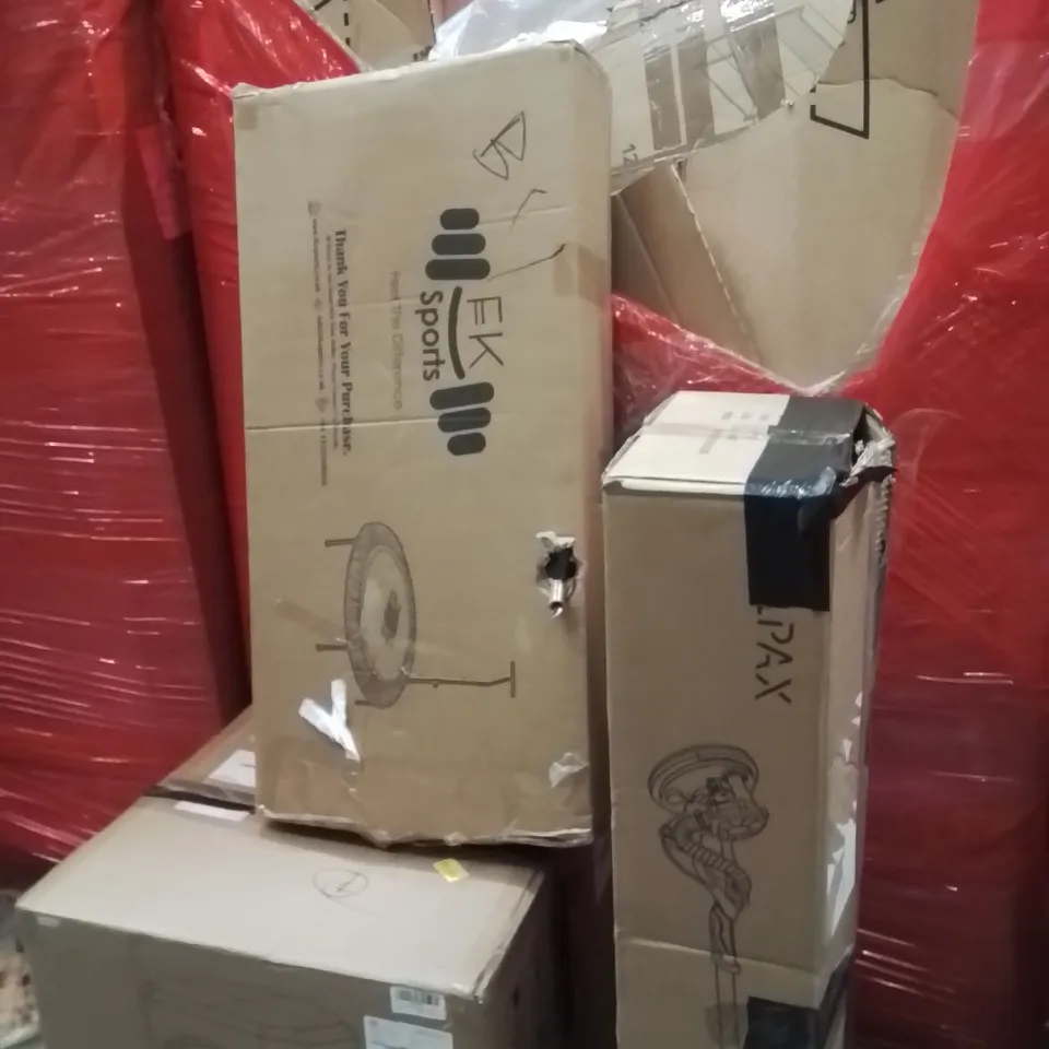 PALLET OF ASSORTED HOUSEHOLD GOODS AND PRODUCTS TO INCLUDE;CAT LITTER BOX,TRAMPOLINE,GRASS CUTTER