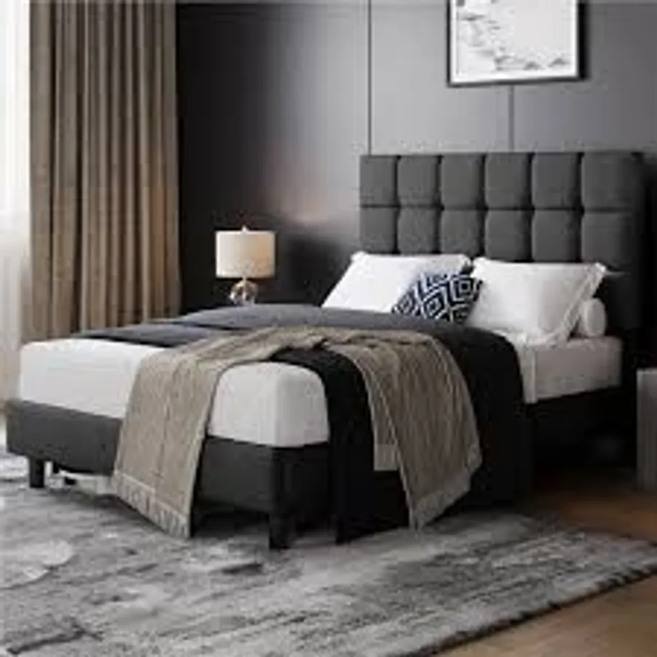 BOXED SIZE MODERN UPHOLSTERED DOUBLE BED FRAME WITH ADJUSTABLE SQUARE TUFTED - DARK GREY
