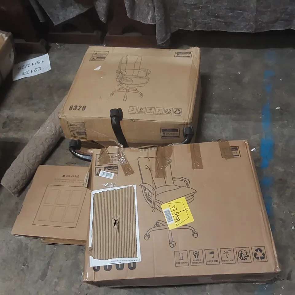 PALLET CONTAINING ASSORTED ITEMS TO INCLUDE: OFFICE CHAIRS, DESK, COLLAGE PICTURE FRAME, RUG ECT