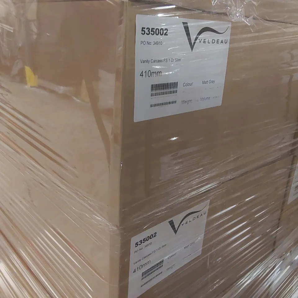 PALLET CONTAINING A LARGE QUANTITY OF ASSORTED BATHROOM FURNITURE PARTS INCLUDING: VELDEAU VANITY CARCASSES ECT