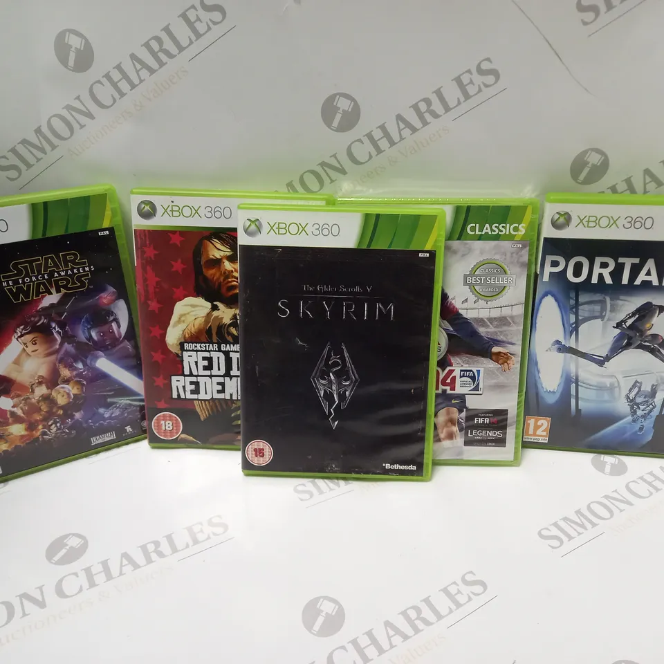 APPROXIMATELY 15 ASSORTED XBOX 360 VIDEO GAMES TO INCLUDE SKYRIM, PORTAL 2, FIFA 14, ETC