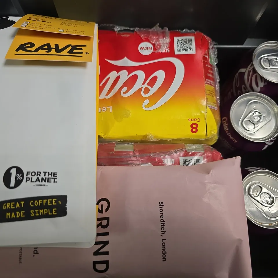 APPROXIMATELY 17 ASSORTED FOOD & DRINK ITEMS TO INCLUDE -  COCA COLA CHERRY , GRIND EDITIONS BRAZIL , RAVE COLOMBIA EL CARMEN ETC