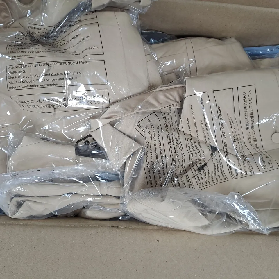 BOX OF APPROXIMATELY 10 ASSORTED CLOTHING ITEMS IN VARIOUS STYLES, SIZES, AND COLOURS, ETC