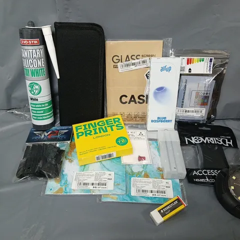 APPROXIMATELY 18 ASSORTED HOUSEHOLD ITEMS TO INCLUDE AIR UP BLUE RASPBERRY PODS, SANITARY SILICONE, GLASS SCREEN PROTECTOR, ETC