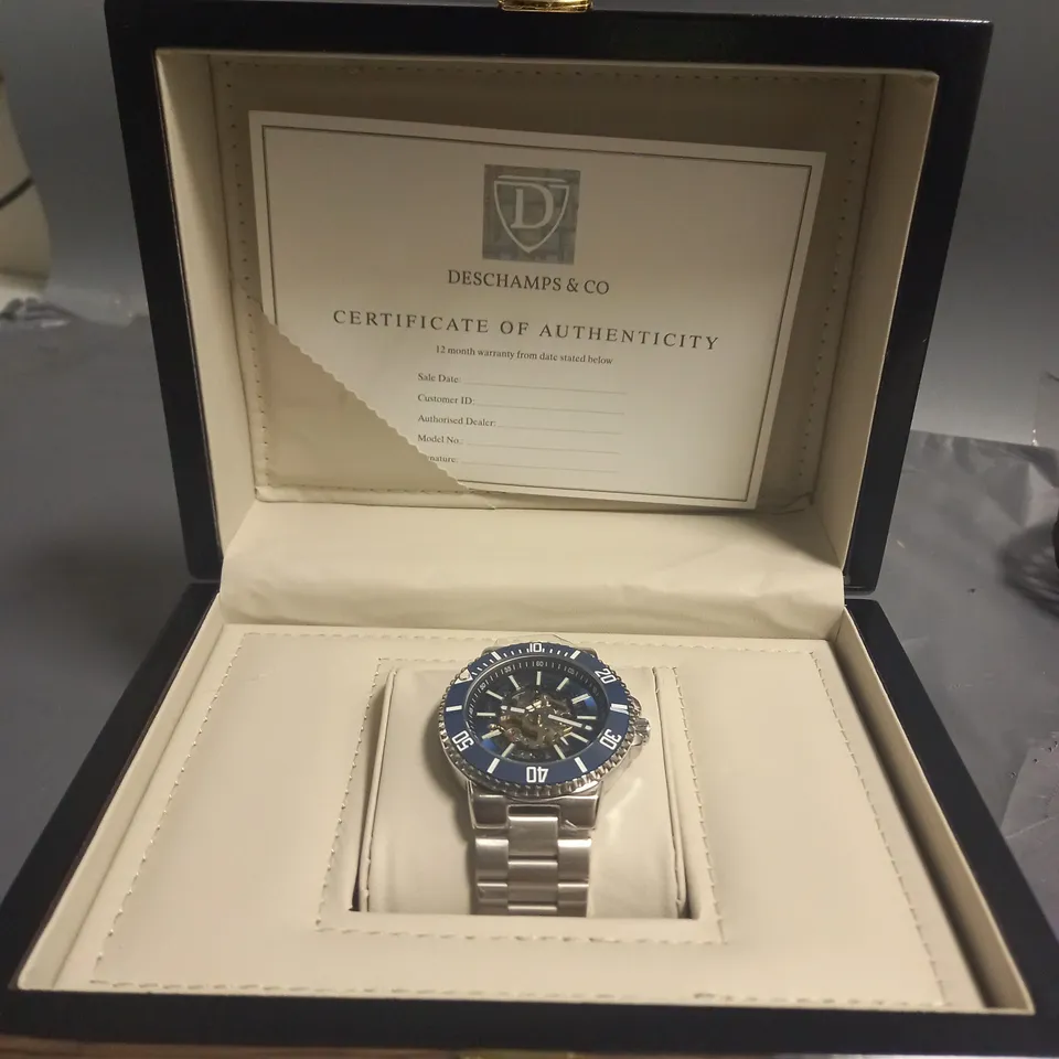 BOXED DESCHAMPS & CO CHRONOGRAPH WATCH WITH STAINLESS STEEL BRACELET