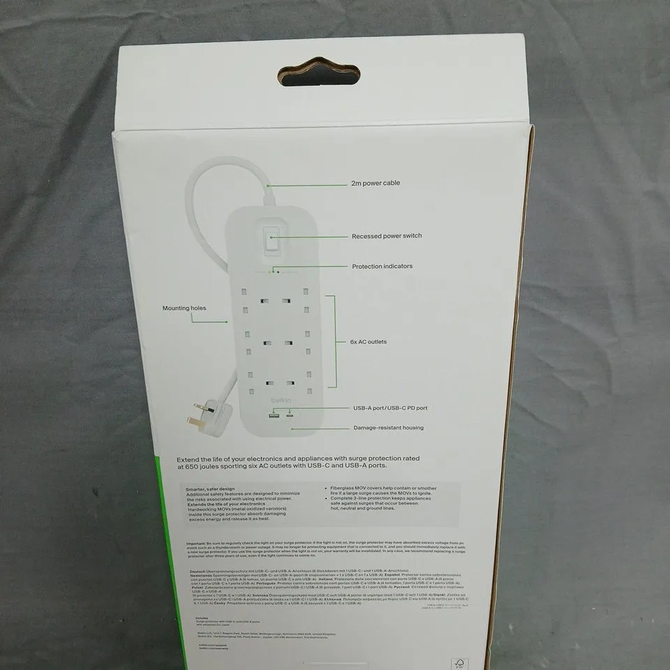 BELKIN CONNECT SURGE PROTECTOR WITH USB-C & USB-A PORTS – 6 OUTLETS (UK PLUG)