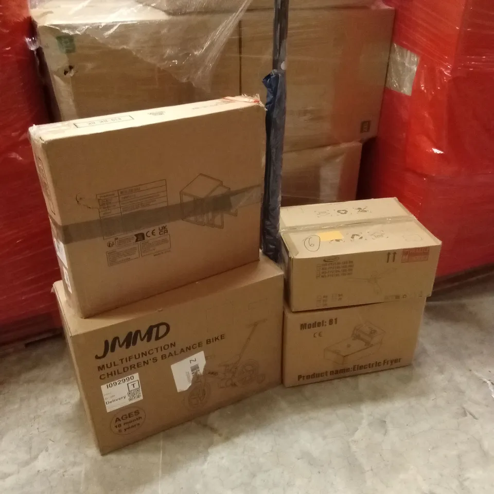 PALLET OF ASSORTED HOUSEHOLD GOODS AND PRODUCTS TO INCLUDE; NEST OF SIDE TABLES, BALANCE BIKE, ELECTRIC FRYER, UMBRELLA ETC