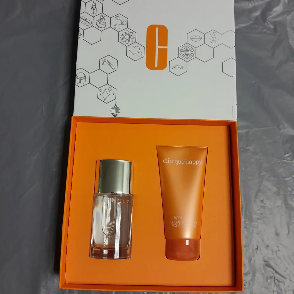 BOXED CLINIQUE HAPPY PERFUME AND BODY CREAM SET