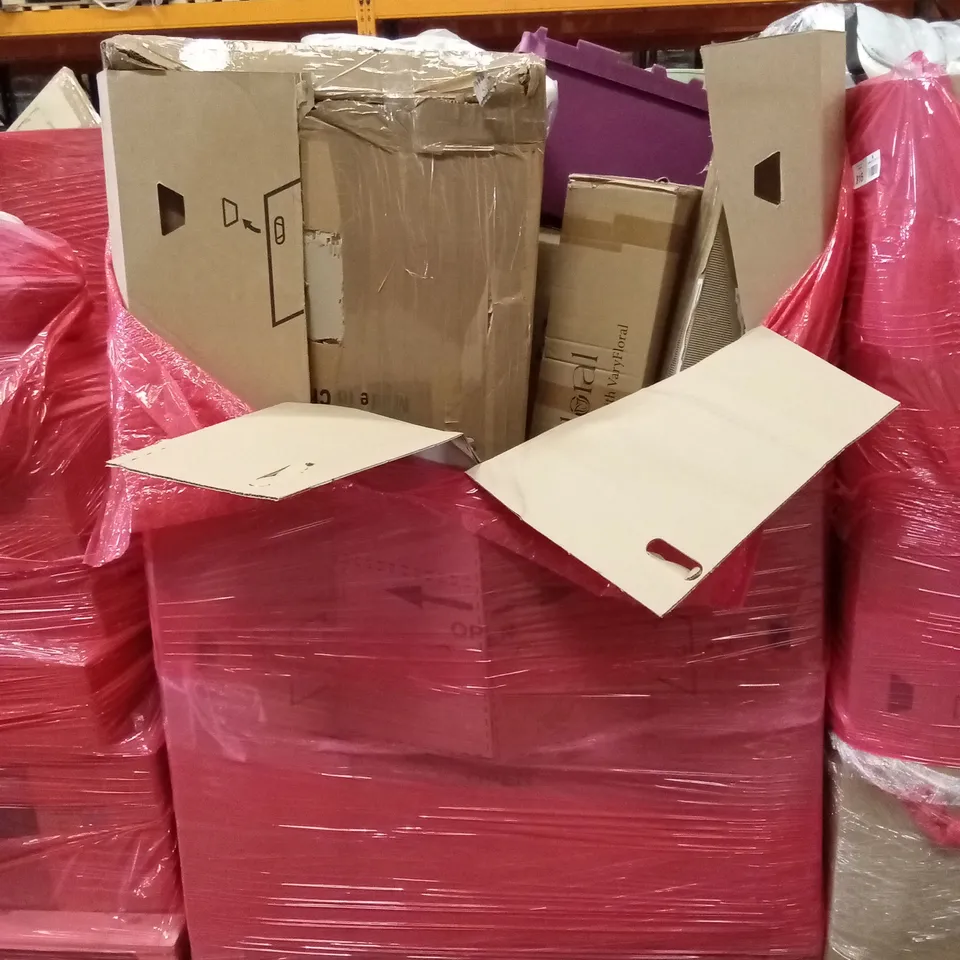 PALLET OF ASSORTED ITEMS INCLUDING: KITCHEN ROLL, PRINTER CARTRIDGES, BOXED FURNITURE ETC 