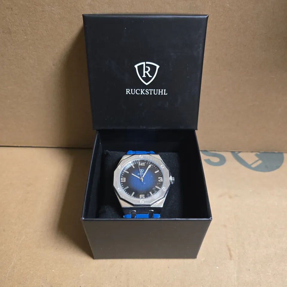 RUCKSTUHL STEEL WRISTWATCH WITH BLACK/BLUE FACE AND BLUE RUBBER STRAP