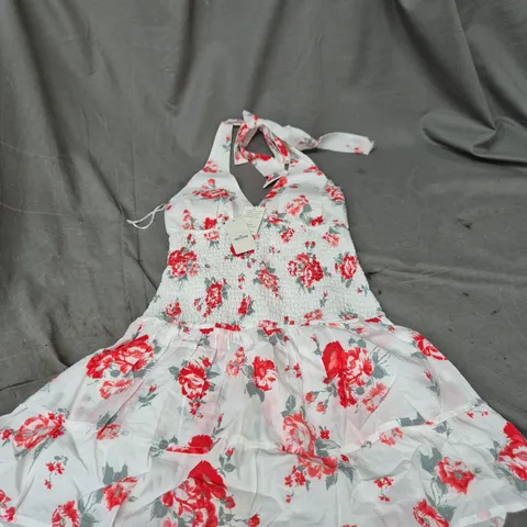 HOLLISTER FLORAL HALTERNECK DRESS – WHITE WITH RED FLOWERS – XS