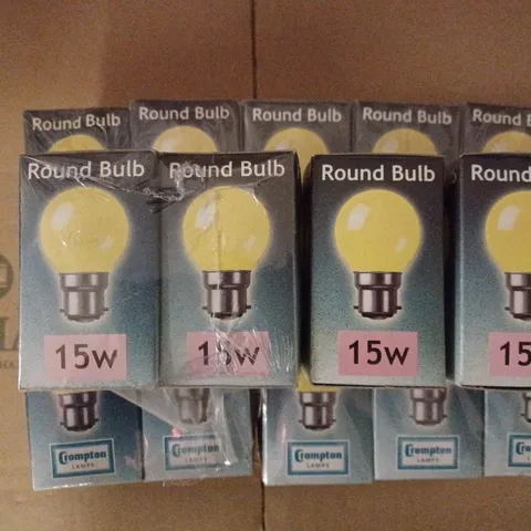 LOT OF 24 BRAND NEW CROMPTON LAMPS COLOURGLAZED 45MM ROUND BULB 15W YELLOW ROU15YBC-GLZ