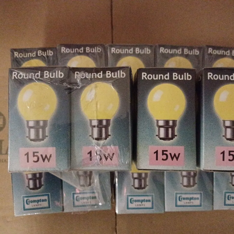 LOT OF 24 BRAND NEW CROMPTON LAMPS COLOURGLAZED 45MM ROUND BULB 15W YELLOW ROU15YBC-GLZ