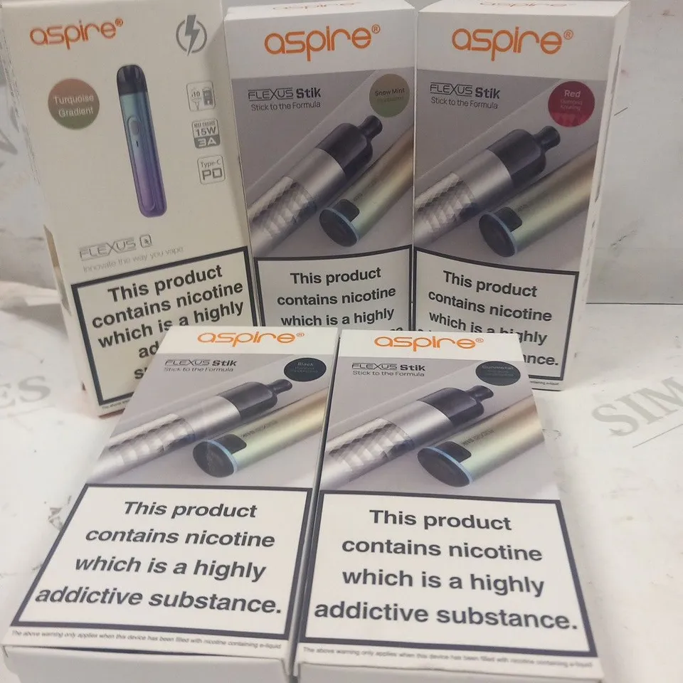 APPROXIMATELY 5 BOXED ASPIRE VAPING PRODUCTS TO INCLUDE; FLEXUS Q AND FLEXUS STIK