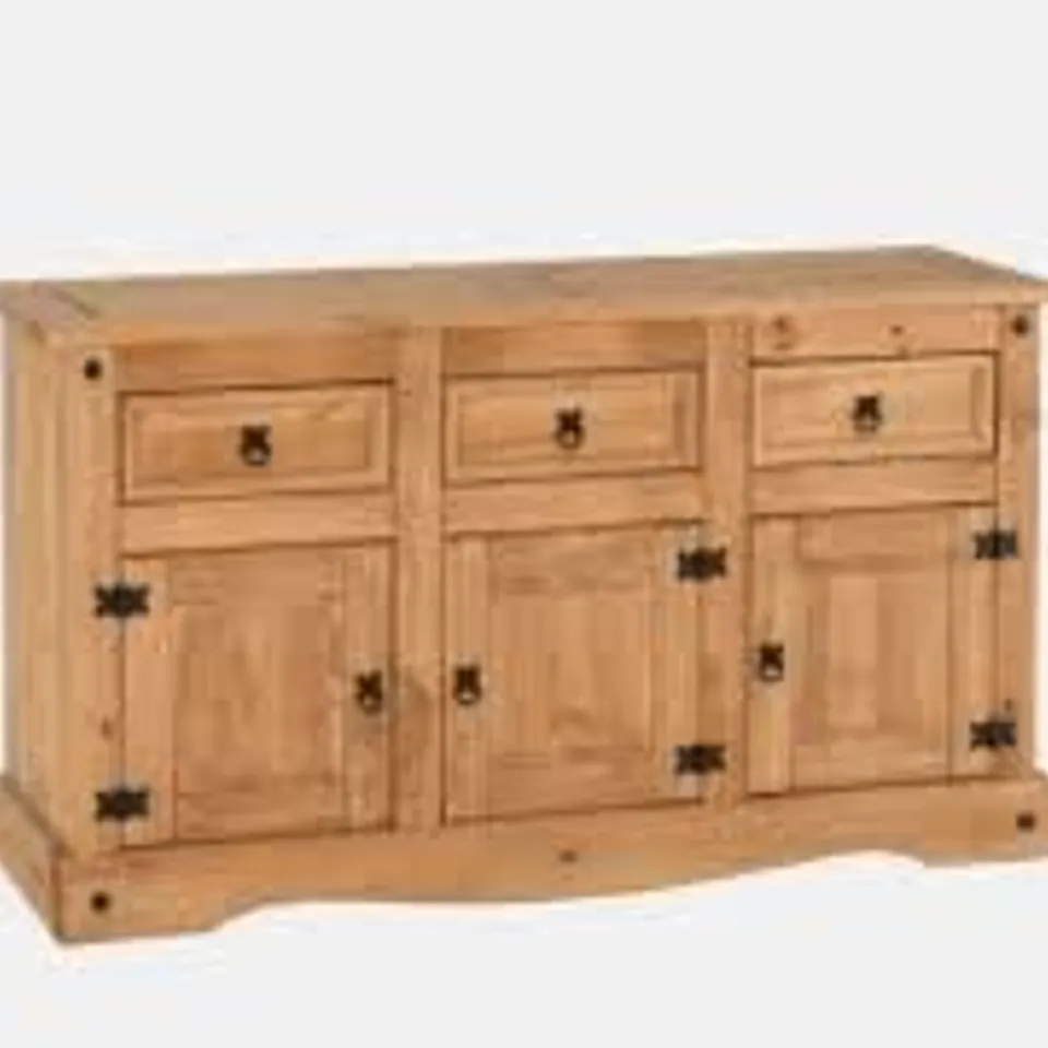 BOXED CORONA 3 DOOR 3 DRAWER SIDEBOARD IN DISTRESSED WAXED PINE (2 BOXES)