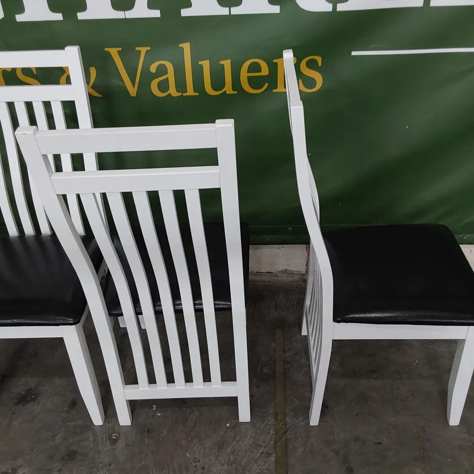 SET OF FOUR WHITE PAINTED SLAT BACK DINING CHAIRS BLACK PU UPHOLSTERED SEATS