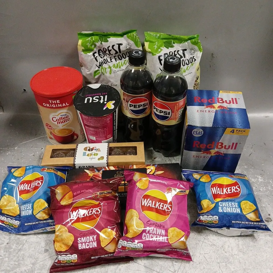 APPROXIMATELY 12 ASSORTED FOOD & DRINK ITEMS TO INCLUDE - FOREST WHOLE FOODS SEED MIX - REDBULL ENERGY DRINKS - GREEN & BLACK CLASSIC COLLECTION - ETC