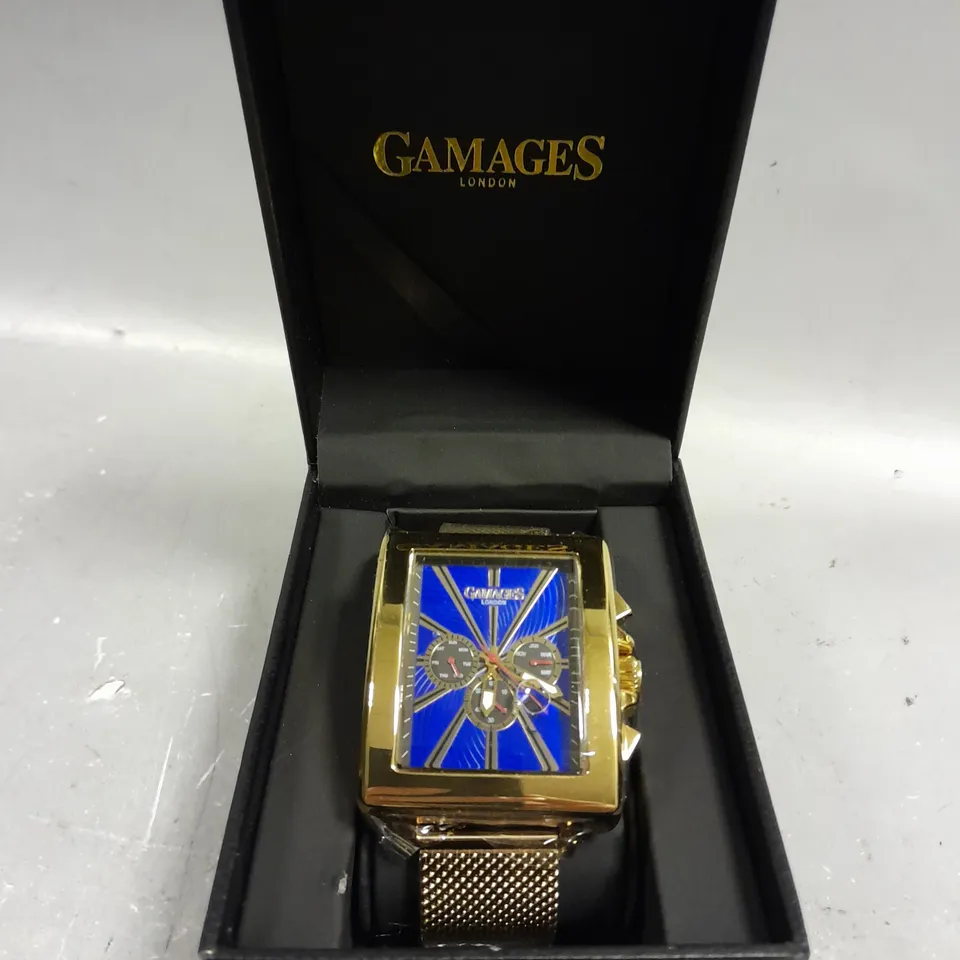 GAMAGES EXCLUSIVE NAVY DIAL GOLD COLOUR CASE WATCH 