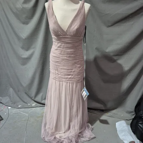 SORELLA VITA DESIGNER SERIES EVENING GOWN – MAUVE WITH RUCHED BODICE & TULLE OVERLAY