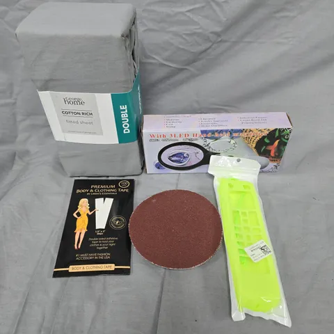 APPROXIMATELY 10 ASSORTED HOUSEHOLD PRODUCTS TO INCLUDE BED SHEET, BODY TAPE, MAGNIFYING GLASS ETC 
