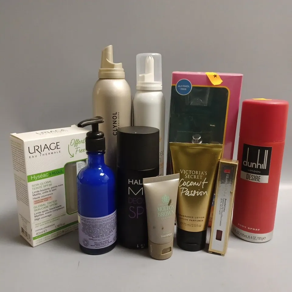 APPROXIMATELY 10 ASSORTED BEAUTY PRODUCTS TO INCLUDE DUNHILL DESIRE BODY SPRAY, NEAL'S YARD REMEDIES FACE WASH, VICTORIA'S SECRET FRAGRANCE LOTION 