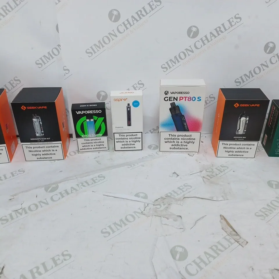 APPROXIMATELY 10 BOXED E-CIGARETTES TO INCLUDE VAPORESSO TARGET 100 MOD, GEEKVAPE L200, AND ASPIRE POCKEX KIT ETC. 