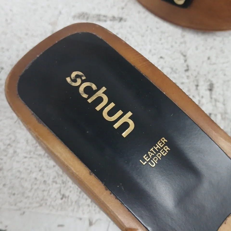 SCHUH WOMEN'S LEATHER UPPER SANDALS WITH BLACK FABRIC STRAPS AND WOODEN PLATFORM HEEL, EU40