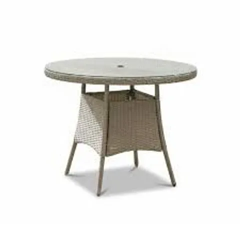 BOXED KEMBLE 70CM ROUND BISTRO TABLE, GREY RATTAN WITH CLEAR GLASS TOP