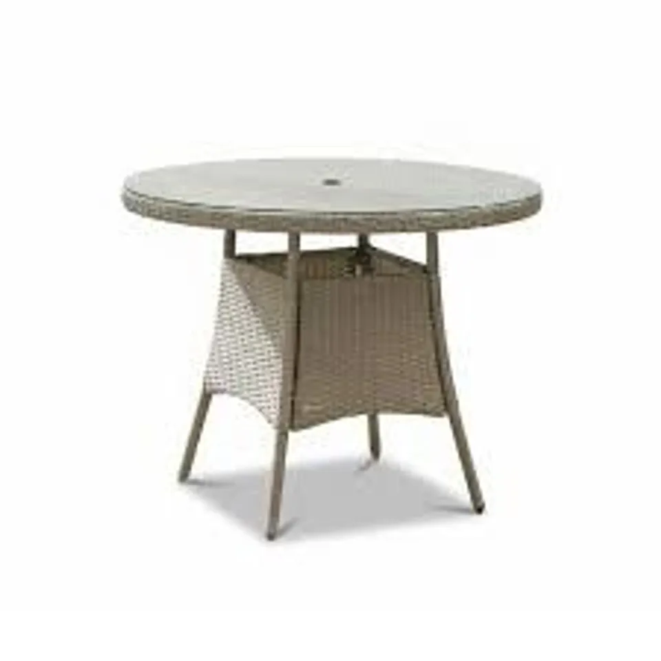 BOXED KEMBLE 70CM ROUND BISTRO TABLE, GREY RATTAN WITH CLEAR GLASS TOP