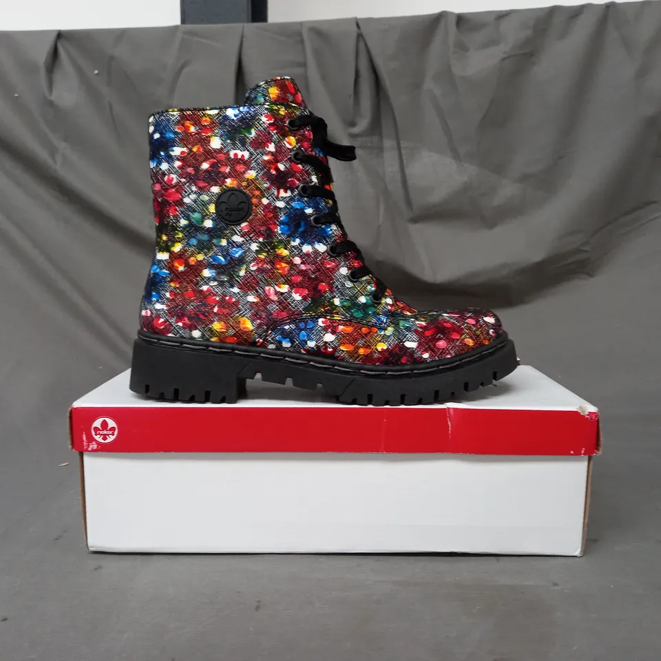 BOXED PAIR OF RIEKER BOOTS IN MULTI SIZE 6