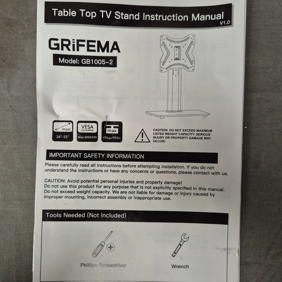 BOXED GRIFEMA GB1005-2 TABLE TOP TV STAND