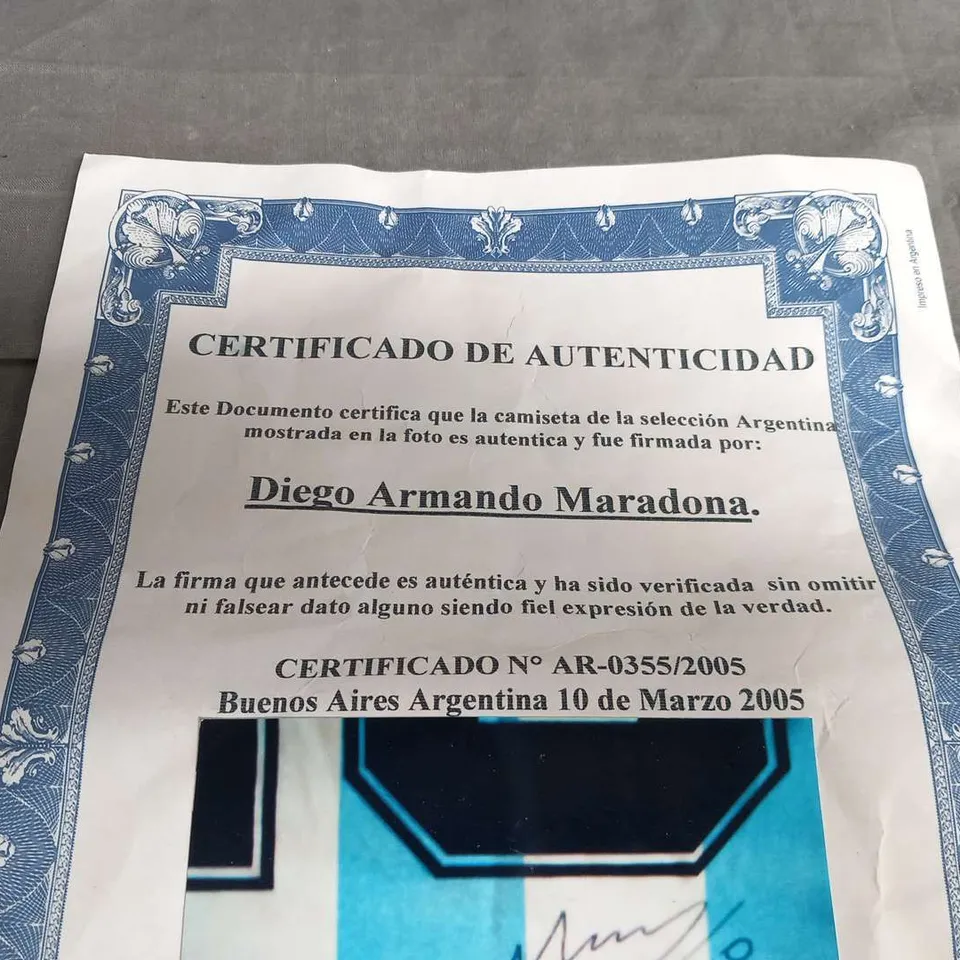 1994 ARGENTINA ADIDAS HOME FOOTBALL JERSEY NUMBERED 10 SIGNED BY DIEGO ARMANDO MARADONA WITH CERTIFICATE OF AUTHENTICITY