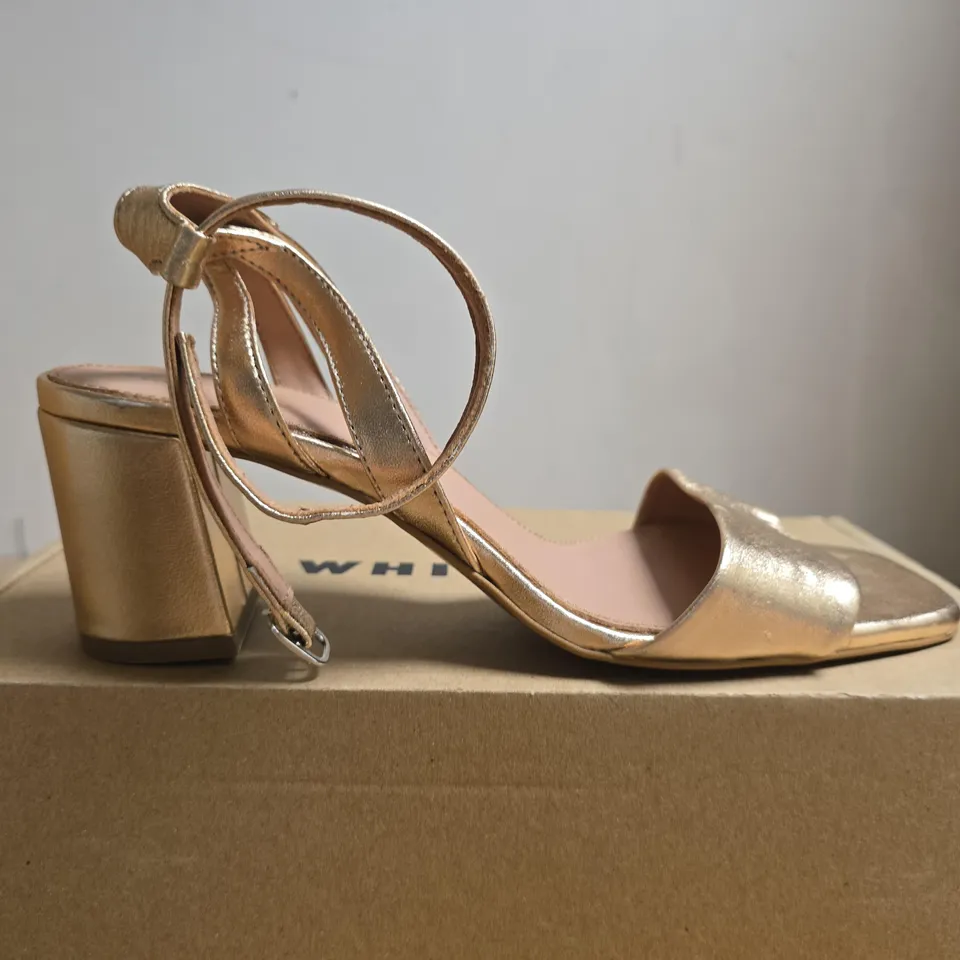 BOXED PAIR OF WHISTLES EDEN BLOCK HEEL SANDAL – GOLD, UK SIZE 8