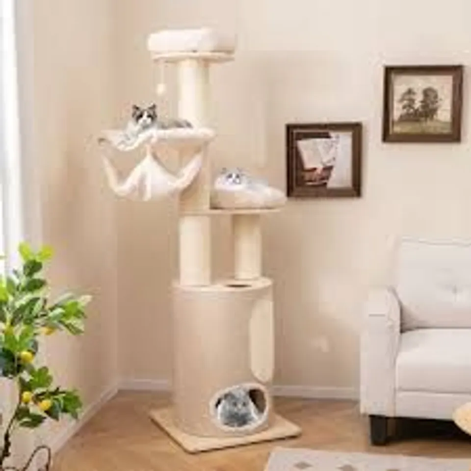 BOXED COSTWAY NATURAL WOODEN CAT TOWER TREE WITH 2 STORY CONDO 187CM