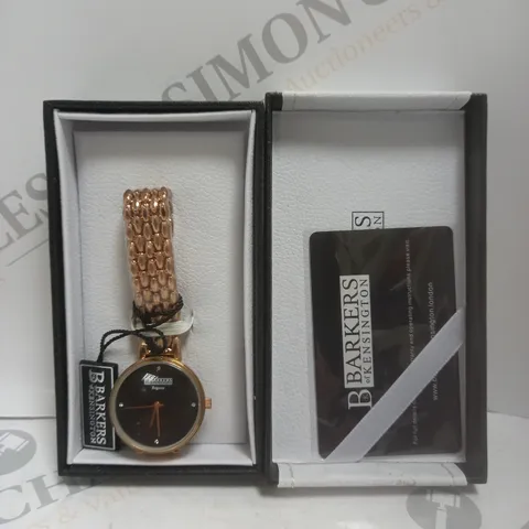BOXED BARKERS OF KENSINGTON REGATTA BLACK DIAL STEEL STRAP WATCH