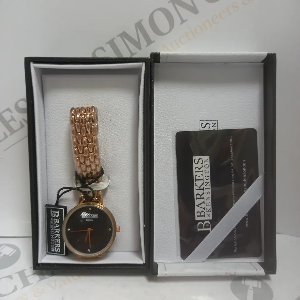 BOXED BARKERS OF KENSINGTON REGATTA BLACK DIAL STEEL STRAP WATCH 