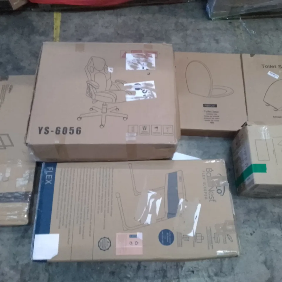 UNPROCESSED PALLET OF ASSORTED HOUSEHOLD GOODS TO INCLUDE GAMING CHAIR, TOILET SEAT, AND BASSLNEST FLEX SLEEPER