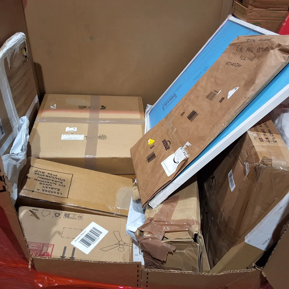 PALLET OF ASSORTED HOUSEHOLD ITEMS TO INCLUDE CEILING FAN LIGHT, 140CM WORKBENCH AND 5FT FAUX OLIVE TREE