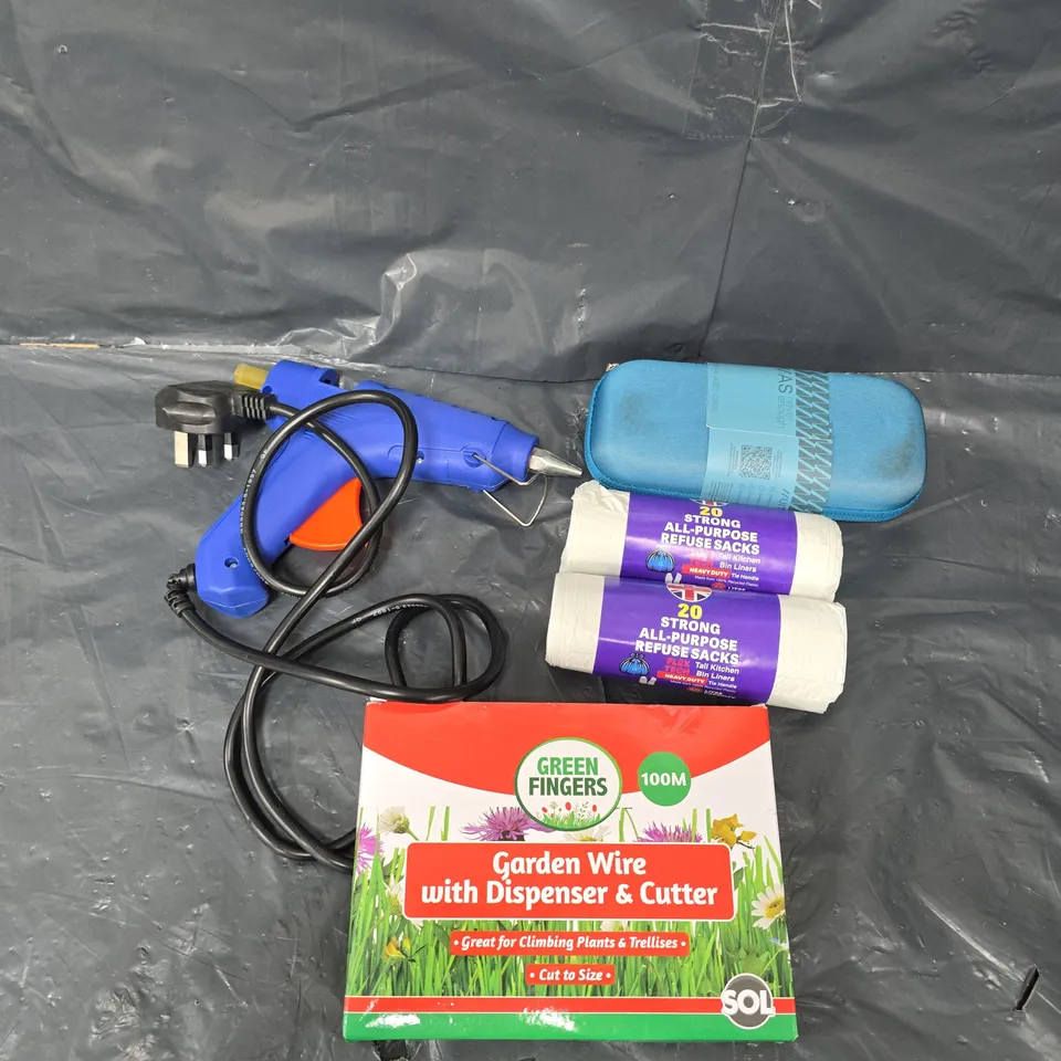 APPROXIMATELY 15 ASSORTED HOUSEHOLD PRODUCTS TO INCLUDE GLUE GUN, BIN BAGS, UMBRELLA ETC 