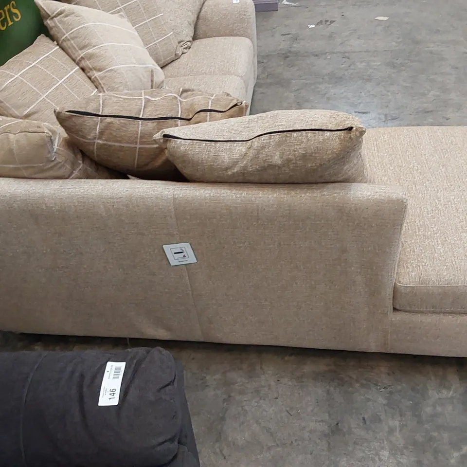 DESIGNER CHAISE SOFA WITH SCATTER CUSHIONS NATURAL FABRIC 