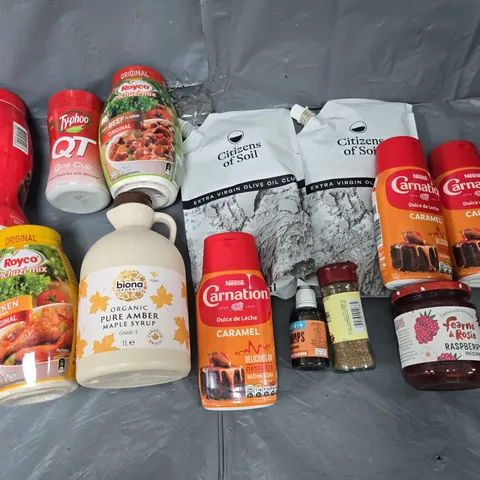APPROXIMATELY 10 ASSORTED FOOD ITEMS TO INCLUDE PURE AMBER MAPLE SYRUP, CADBURY COCOA POWDER, AND CITIZENS OF SOL EVOO ETC. 