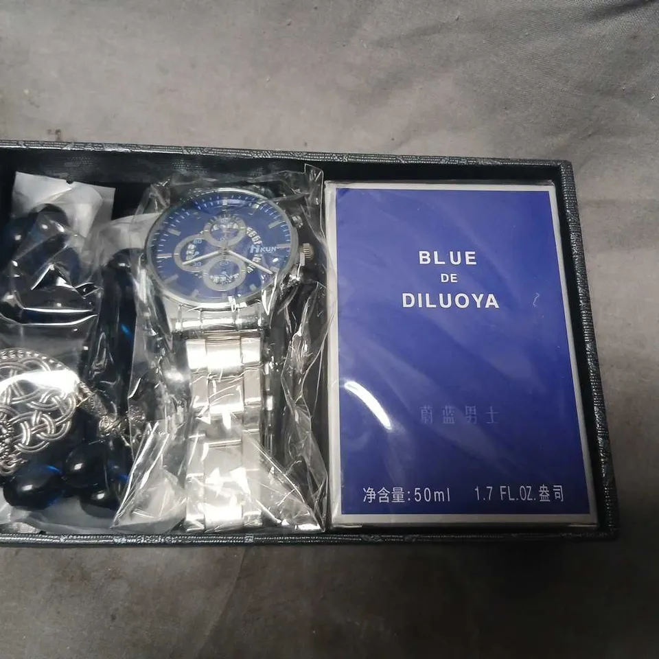 MEN'S STAINLESS STEEL WRISTWATCH GIFT SET WITH BRACELETS – 50ML PERFUME IN BOX