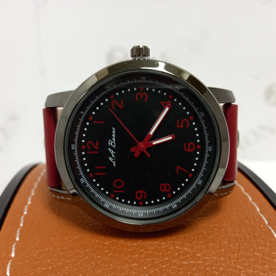 LA BANUS BLACK & RED DIAL LEATHER STRAP WRISTWATCH 