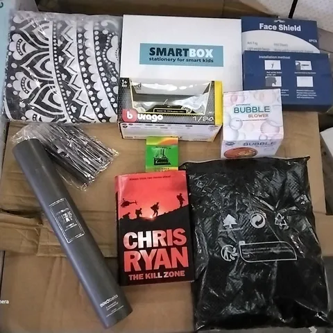 PALLET OF ASSORTED ITEMS INCLUDING FACE SHIELD, DESK MAT, THE KILL ZONE BOOK, BALANCE BALLS, AUTOMATIC BUBBLE BLOWER, STATIONERY FOR KIDS
