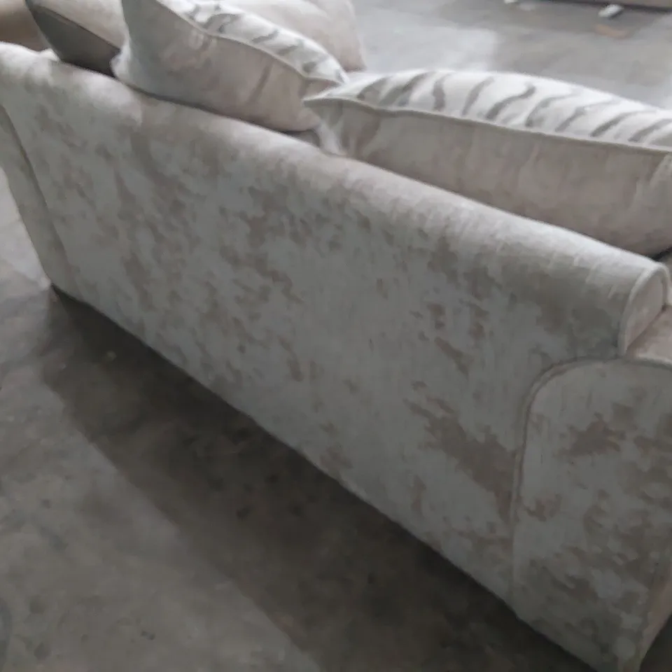 DESIGNER TWO SEATER SCROLL ARM SOFA WITH SCATTER CUSHIONS SILVER FABRIC & STUDDED DETAIL