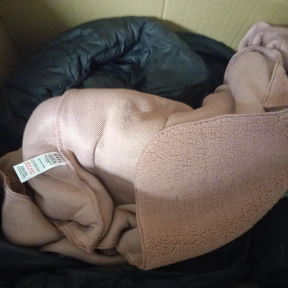 BOX OF ASSORTED CLOTHING ITEMS TOO INCLUDE JUMPERS, SHIRTS AND TROUSERS IN VARIOUS SIZES AND COLOURS   