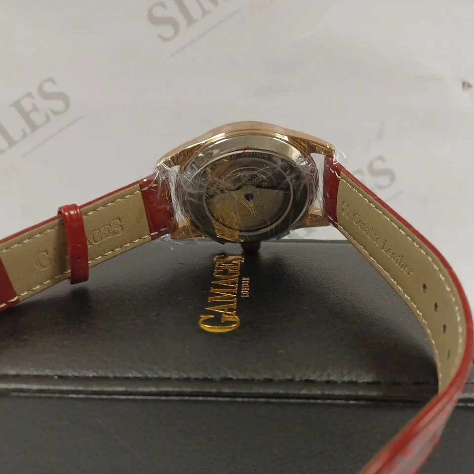 GAMAGES OF LONDON LIMITED EDITION HAND ASSEMBLED MUSE AUTOMATIC ROSE RED WATCH RRP £805