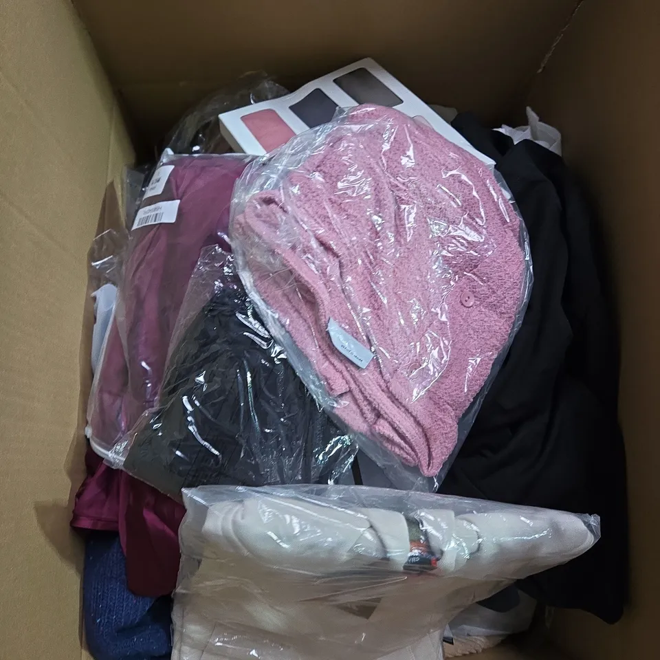 LARGE BOX OF ASSORTED CLOTHING ITEMS IN VARIOUS SIZES, STYLES AND COLOUR 